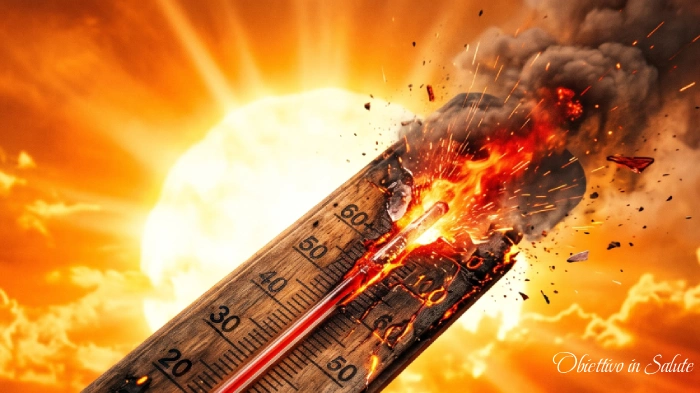 Sole rovente con in primo piano un termometro che segna oltre 50 gradi e prende fuoco