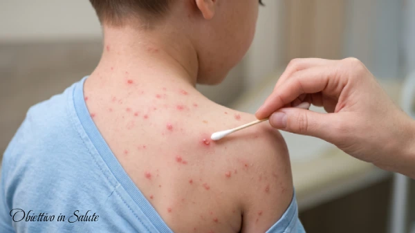 Schiena di un bambino con i chiari segni di morbillo, Un medico disinfetta delle lesioni con un cotton fioc imbevuto di disinfettante
