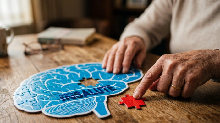 Un'anziana toglie una tessera di un puzzle che ha la forma del cervello umano creando, così un vuoto. Tutto ciò rappresenta la creazione di buchi nella memoria delle persone affette da Alzheimer
