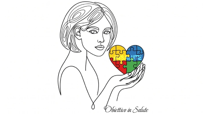 Ragazza stilizzata che regge, davanti al viso, un cuore fatto con dei tasselli di un puzzle di colori diversi: rosso, blu, verde e giallo