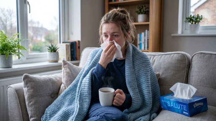 Una donna con l'influenza si soffia il naso e beve una tisana da una tazza bianca