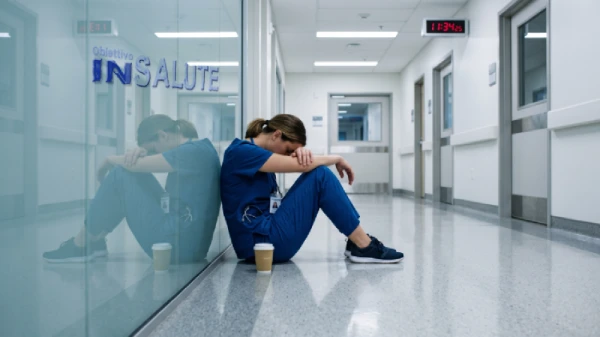 Un'infermiera, esausta, è seduta a terra in un corridoio dell'ospedale con la testa sulle ginocchia