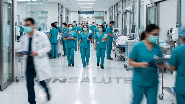 Corsia di un ospedale con dottori e infermieri che vanno avanti e indietro