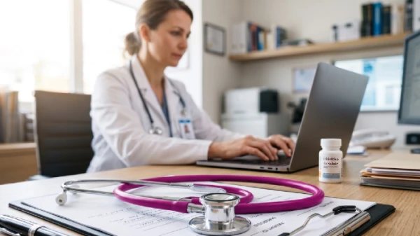 Medico compila una ricetta elettronica al pc con al fianco uno stetoscopio