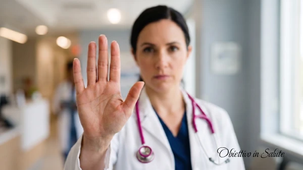 Una dottoressa con la mano destra intima di fermarsi