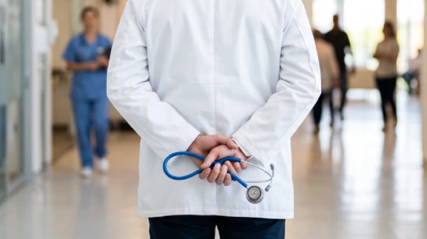 Medico che incrocia le braccia dietro la schiena tenendo in mano uno stetoscopio blu
