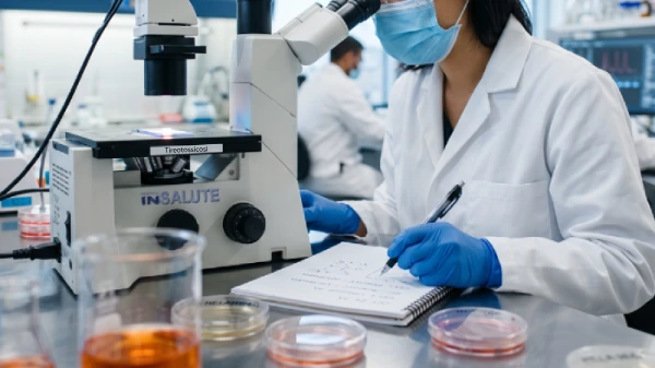 Ricercatore davanti a un microscopio effettua dei test