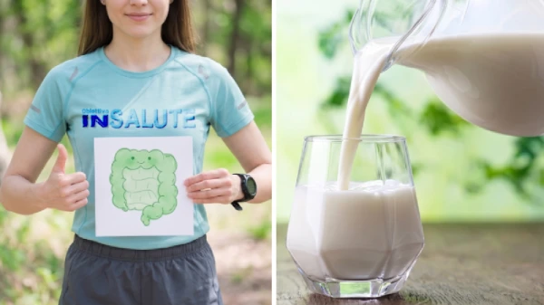 Una donna che fa sport mostra un disegno di un intestino sorridente, mentre a destra viene versato del latte in un bicchiere con una brocca di vetro
