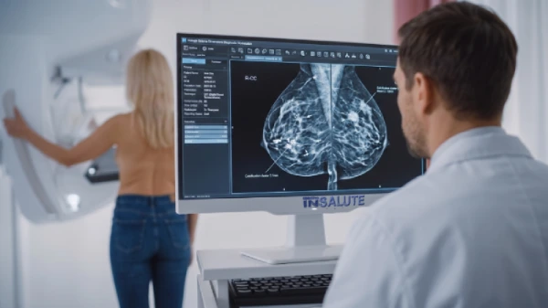 Una paziente si sottopone a una mammografia, mentre il medico analizza i dati a schermo