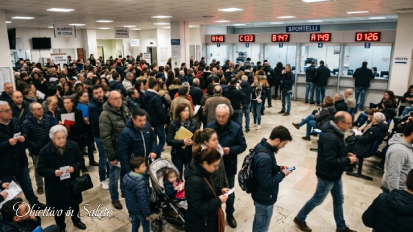 Tante persone in fila nel CUP in attesa di essere chiamati per fare una prenotazione per una visita specialistica