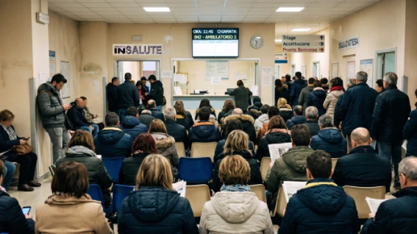 Sala d'attesa di un ospedale piena di pazienti
