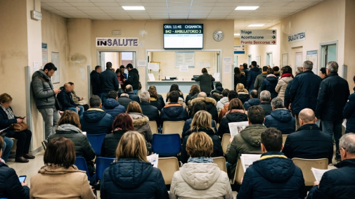 Sala d'attesa di un ospedale piena di pazienti