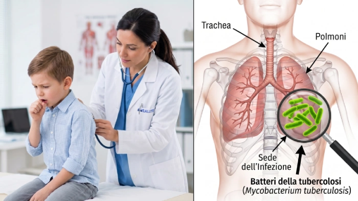 Una dottoressa visita con lo stetoscopio un bambino. Sullo sfondo c'è un'immagine dei polmoni invasi dal batterio della tubercolosi con evidenza dell'apparato respiratorio