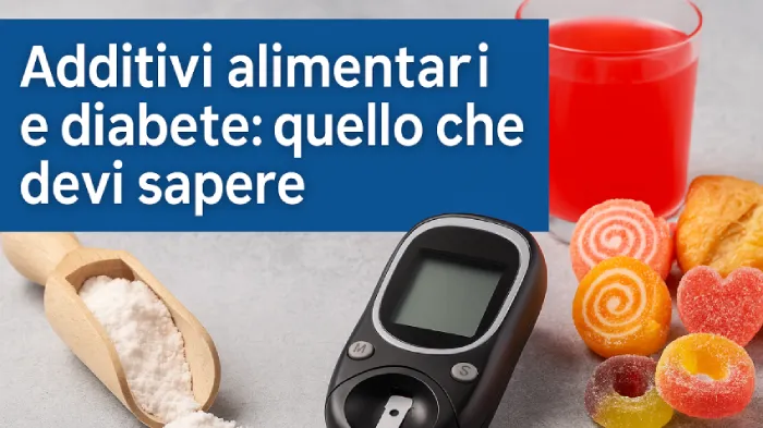 Alimenti pieni di additivi come bibite zuccherate, dolci e canditi e un cucchiaio di zucchero a velo. In primo piano c'è un misuratore di glucosio del sangue e una scritta: "Additivi alimentari e diabete: quello che devi sapere"