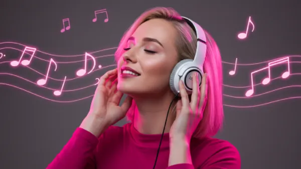 Una bellissima donna con capelli biondi, con un top fucsia e grandi cuffie, immersa nella musica con un'espressione serena, beata e di intenso piacere. L'illuminazione rosa neon e bianco crea un'atmosfera sognante ed emotiva. Note musicali stilizzate fluttuano intorno alla sua testa su uno sfondo sfumato
