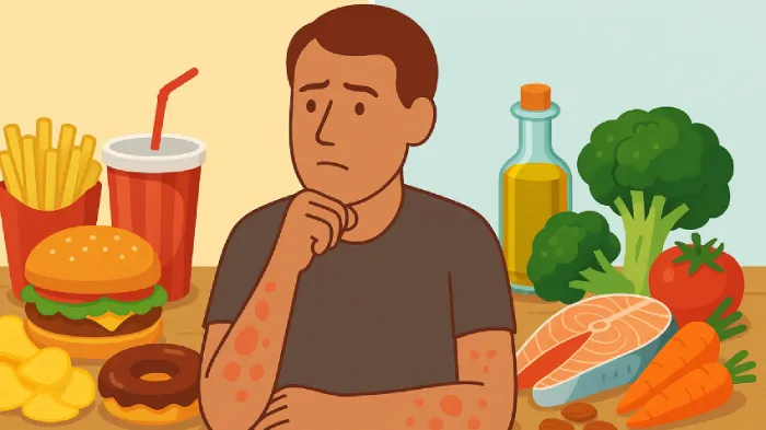 Un ragazzo con la psoriasi in mezzo a del cibo. Alla sua destra c'è del cibo ultra-processato e alla sua sinistra c'è cibo fresco come frutta e verdura