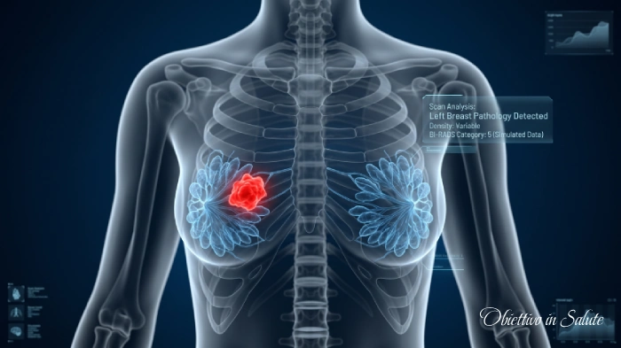 Risonanza magnetica 3D di un seno femminile con evidenza di cellule tumorale