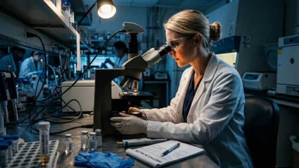 Una dottoressa, in un laboratorio di ricerca, studia al microscopio l'Hantavirus