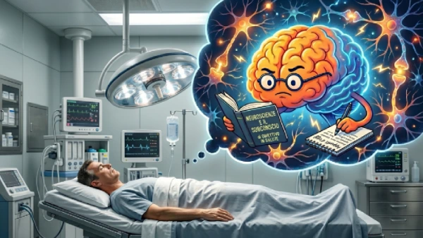 Un paziente dorme su un lettino di una sala operatoria. Sopra di lui c'è una proiezione animata del cervello che continua a essere attivo, infatti legge e scrive