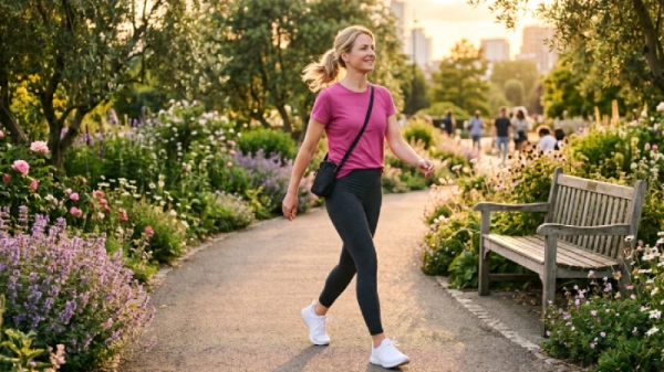 Una donna passeggia in un parco cittadino fiorito