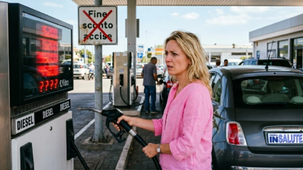 Una donna sta facendo rifornimento di Diesel in una stazione di servizio, ma il prezzo al litro è un'incognita e il costo gira vorticosamente. Sullo sfondo c'è un cartello con una scritta sbarrata… la scritta dice: "Fine sconto accise"