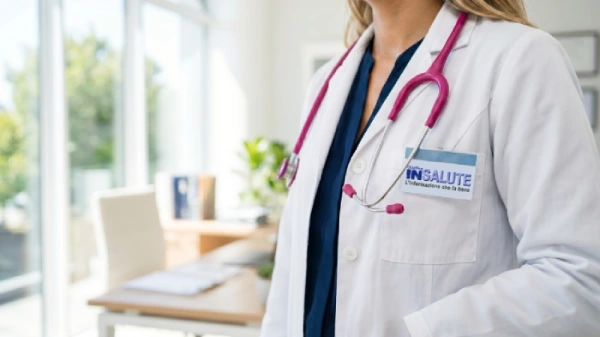 Un medico di famiglia con uno stetoscopio color fucsia al collo e con il tesserino con su scritto Obiettivo in salute, è nel proprio studio medico moderno, luminoso e solare