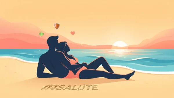 Illustrazione editoriale che rappresenta la prevenzione delle infezioni sessualmente trasmissibili in estate: una coppia stilizzata su una spiaggia al tramonto, circondata da simboli di protezione e salute sessuale, a richiamo dell'importanza di vivere i rapporti occasionali con consapevolezza