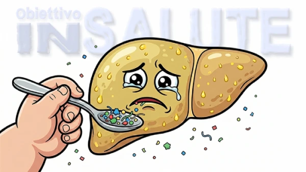 Illustrazione/cartoon di una mano che regge un cucchiaio di acciaio che contiene delle microplastiche. Con il cucchiaio si sta imboccando un fegato grasso che ha un’espressione triste e malaticcia