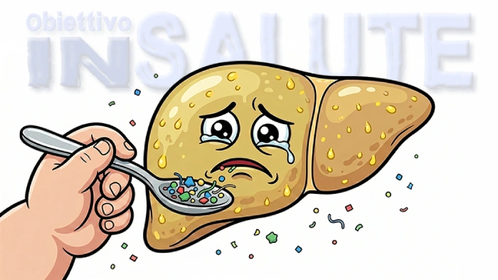 Illustrazione/cartoon di una mano che regge un cucchiaio di acciaio che contiene delle microplastiche. Con il cucchiaio si sta imboccando un fegato grasso che ha un’espressione triste e malaticcia