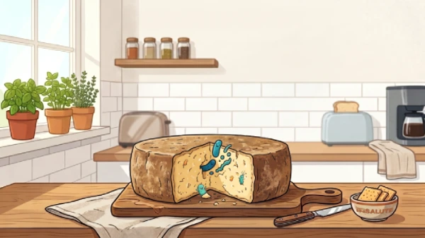 Un'illustrazione, in una cucina moderna, che raffigura una forma di formaggio aperta dal cui interno escono dei simpatici batteri colorati