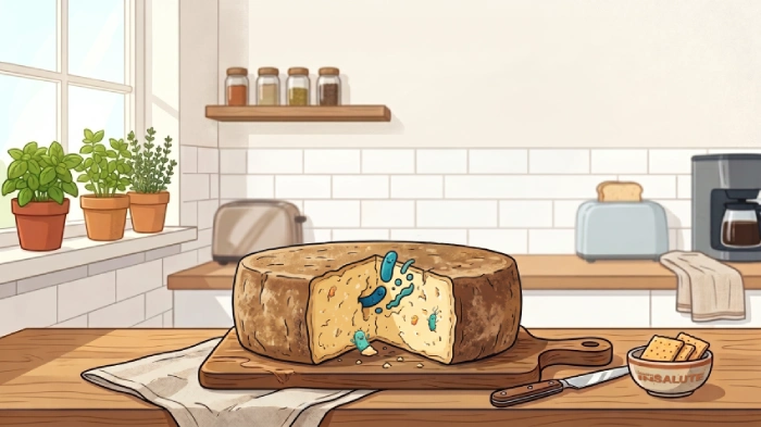 Un'illustrazione, in una cucina moderna, che raffigura una forma di formaggio aperta dal cui interno escono dei simpatici batteri colorati