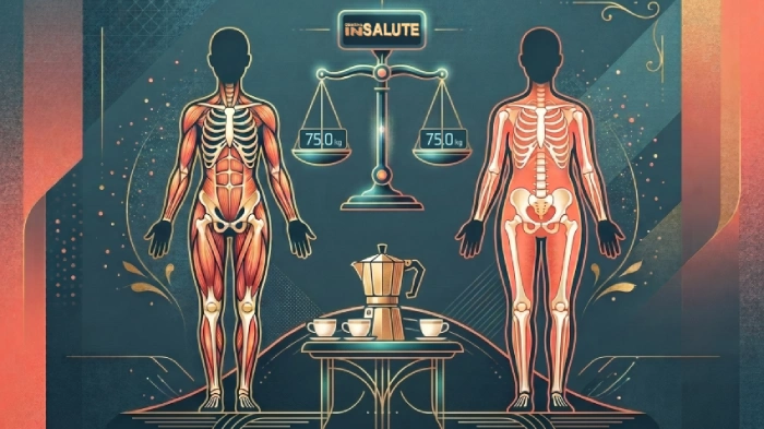 Illustrazione che mostra due silhouette umane stilizzate identiche affiancate, ma con un effetto "raggi X" leggero che mostra, all'interno di una, meno tessuto adiposo e più definizione muscolare, mentre nell'altra silhouette è più uniforme. Sopra le due figure, una bilancia che segna lo stesso peso di 75 kg. Tra le due figure umane c’è un tavolino cin una caffettiera al centro e due tazzine di caffe sul lato sinistro dove è presente la silhouette con meno grasso e una sola tazzina di caffè dal lato opposto. L’immagine rappresenta graficamente lo studio finlandese con il quale si ipotizza che il maggiore consumo di caffè ha degli effetti sul grasso corporeo