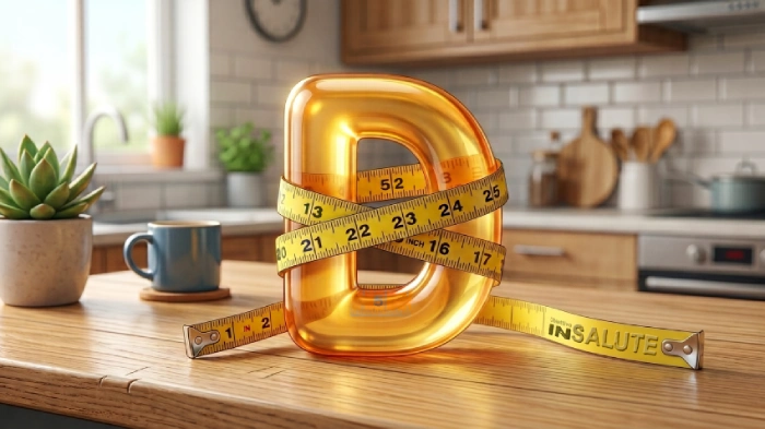 Su un tavolo di una cucina moderna c'è una "D" color giallo oro trasparente avvolta da un metro da sarta a simboleggiare l'intreccio tra la vitamina D e la misura della vita che solitamente si effettua con il metro da sarta