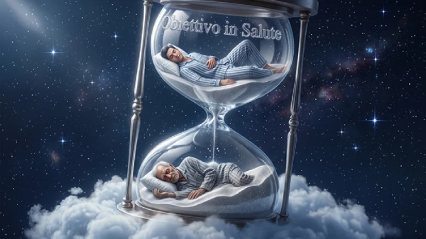 Clessidra gigante in vetro trasparente, leggermente inclinata a destra, appoggiata su una nuvola soffice in un cielo notturno stellato. All'interno del bulbo superiore, un giovane uomo dorme serenamente supino, indossando un pigiama a righe blu e bianche, con la testa su un cuscino bianco. Sabbia argentea e luminosa scorre verso il basso. Nel bulbo inferiore, un uomo anziano dorme nella stessa posizione, con lo stesso pigiama ma consumato e spiegazzato, corpo più magro e incurvato, pelle rugosa e capelli grigi. La sabbia luminescente lo ha già coperto fino alla vita, con granelli sospesi nell'aria nell'istante preciso in cui cadono. L'atmosfera è sognante, poetica e contemplativa. Illustrazione digitale iperrealistica con luce lunare che illumina il lato sinistro del vetro. Immagine che simboleggia il legame tra sonno e invecchiamento, ispirata a uno studio scientifico che collega dormire troppo o troppo poco a un invecchiamento accelerato del corpo.