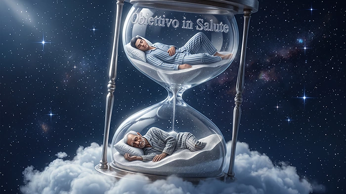 Clessidra gigante in vetro trasparente, leggermente inclinata a destra, appoggiata su una nuvola soffice in un cielo notturno stellato. All'interno del bulbo superiore, un giovane uomo dorme serenamente supino, indossando un pigiama a righe blu e bianche, con la testa su un cuscino bianco. Sabbia argentea e luminosa scorre verso il basso. Nel bulbo inferiore, un uomo anziano dorme nella stessa posizione, con lo stesso pigiama ma consumato e spiegazzato, corpo più magro e incurvato, pelle rugosa e capelli grigi. La sabbia luminescente lo ha già coperto fino alla vita, con granelli sospesi nell'aria nell'istante preciso in cui cadono. L'atmosfera è sognante, poetica e contemplativa. Illustrazione digitale iperrealistica con luce lunare che illumina il lato sinistro del vetro. Immagine che simboleggia il legame tra sonno e invecchiamento, ispirata a uno studio scientifico che collega dormire troppo o troppo poco a un invecchiamento accelerato del corpo.