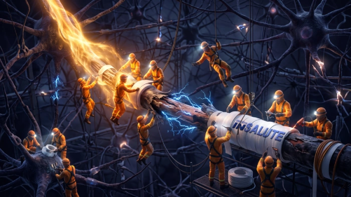 Primo piano dell'interno di un cervello, visto come un cantiere notturno. Un neurone centrale ha un assone (cavo) danneggiato, con la mielina consumata e scoperta, da cui partono piccole scintille blu. Minuscoli elettricisti umanoidi, con tute arancioni e caschi con luce frontale, stanno riparando il cavo: alcuni avvolgono la mielina come nastro isolante, altri saldano, altri controllano. Un flusso di energia dorata (l'ormone dello stress RCH) scende dall'alto, attivando gli elettricisti e facendo brillare le loro tute. Alcuni elettricisti sono già attivi, altri si stanno accendendo al contatto con la luce. Lo sfondo è un intreccio di neuroni e assoni in tonalità blu e viola. Illustrazione iperrealistica e poetica, che simboleggia la scoperta scientifica del ruolo riparatore dell'ormone dello stress sul cervello.