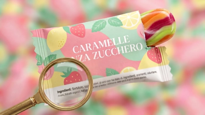 Primo piano di una confezione aperta di caramelle colorate, con la scritta "CARAMELLE SENZA ZUCCHERO" in italiano. Una caramella sta uscendo dalla confezione. Una lente d'ingrandimento è posizionata sul bordo inferiore della confezione, ingrandendo la piccola scritta "Ingredienti: Sorbitolo", che diventa chiaramente leggibile. Sfondo caldo e invitante. Illustrazione che simboleggia la scoperta del sorbitolo come ingrediente nascosto nelle caramelle senza zucchero, collegato a possibili effetti metabolici dannosi.
