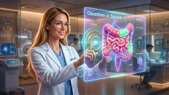 Illustrazione fotorealistica di una ricercatrice scientifica che, con il dito indice, tocca uno schermo virtuale olografico fluttuante. Sullo schermo è proiettato un intestino umano tridimensionale, dettagliato e colorato con rosa, rosso, arancione, venature blu e viola, e highlights verde menta. Immagine che simboleggia la ricerca scientifica e la tecnologia applicata alla salute intestinale.