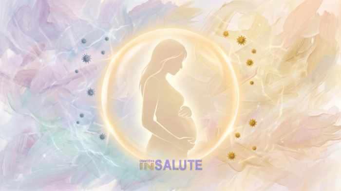 Illustrazione elegante e rassicurante di una donna incinta in silhouette, vista di profilo, con le mani sul ventre, avvolta da una sfera di luce protettiva dorata. All'esterno della sfera, minuscole particelle stilizzate (che rappresentano i patogeni TORCH: Toxoplasma, Rosolia, Citomegalovirus, Herpes) fluttuano nell'aria ma non riescono a entrare, dissolvendosi al contatto con la luce. Sfondo con leggere pennellate con gradiente tenue dal blu al lavanda con dei lievi riflessi elettrici. Immagine che simboleggia la prevenzione delle infezioni congenite e la protezione del feto.
