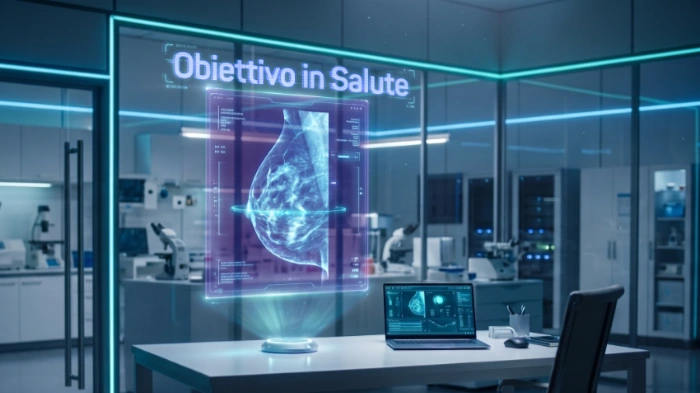 Illustrazione concettuale in stile high-tech di una scrivania medica con un computer portatile e una proiezione olografica 3D luminosa di una mammografia al centro