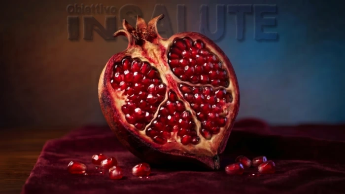 Illustrazione di una melagrana aperta longitudinalmente, la cui forma complessiva ricorda un cuore umano stilizzato. La buccia è di un rosso intenso con sfumature arancio e bordeaux, e all'interno i chicchi sono rubino, lucidi come gemme, disposti in sezioni che richiamano le camere cardiache. Qualche chicco è sparso vicino alla melagrana, con gocce di succo che riflettono la luce. Uno o due chicchi appaiono leggermente incrinati, a suggerire la disfunzione cardiaca. Sfondo caldo e sfocato con gradiente bordeaux-marrone. Immagine che simboleggia la ricerca sul meccanismo molecolare PKGIα Cys42 nello scompenso cardiaco a frazione di eiezione preservata.