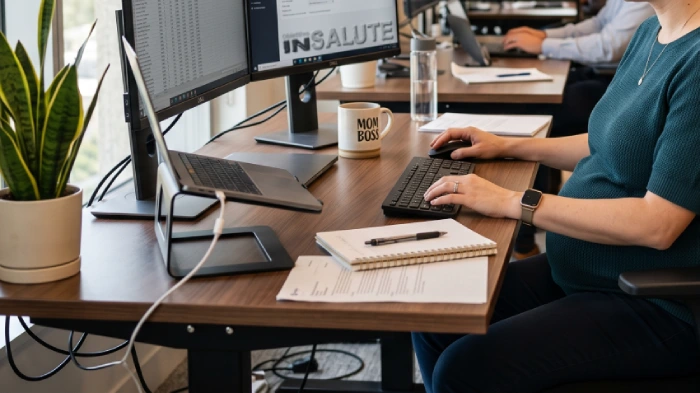 Donna incinta seduta alla scrivania per lavoro