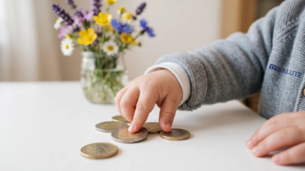 Bimbo che tiene in mano delle monetine e sullo sfondo ci sono altre monetine accatastate