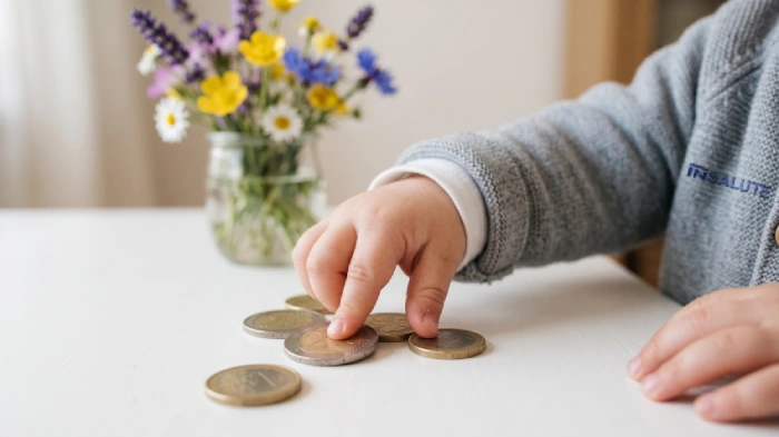 Bimbo che tiene in mano delle monetine e sullo sfondo ci sono altre monetine accatastate