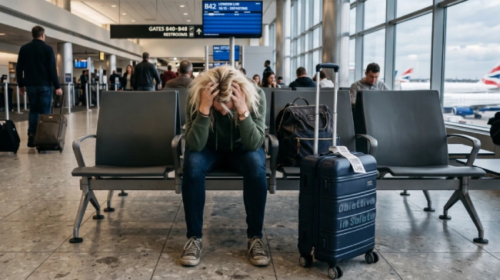 Donna disperata seduta in aeroporto con le mani tra i capelli