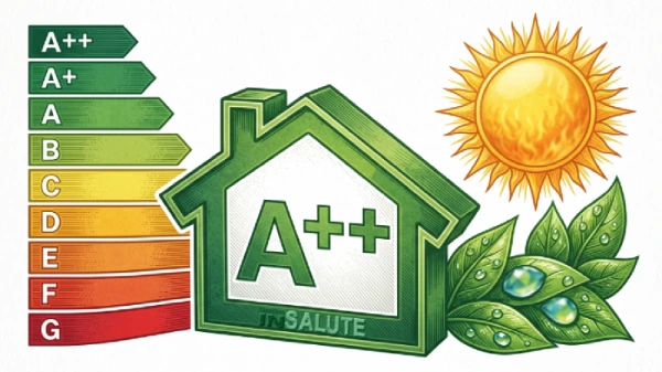 Una rappresentazione stilizzata di una casa con dentro scritto "A++", con il sole in alto, due foglie grandi verdi a destra, mentre a sinistra c'è la scala energetica da "A++" a "G"