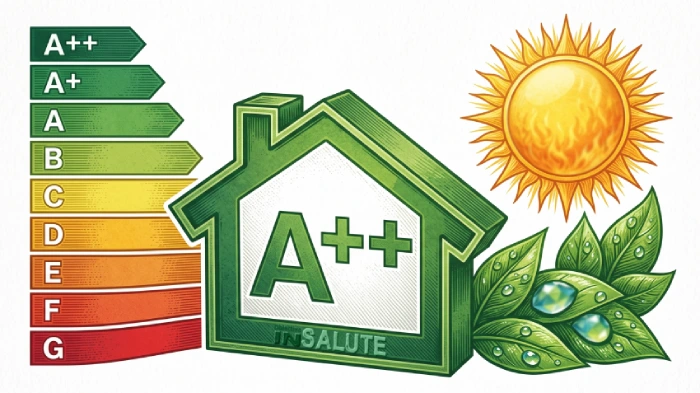 Una rappresentazione stilizzata di una casa con dentro scritto "A++", con il sole in alto, due foglie grandi verdi a destra, mentre a sinistra c'è la scala energetica da "A++" a "G"