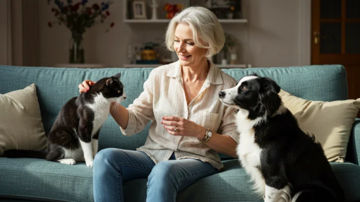 Una donna matura siede sul proprio divano con alla sua destra un gatto bianco e nero e alla sua sinistra ha un cane di razza border collie