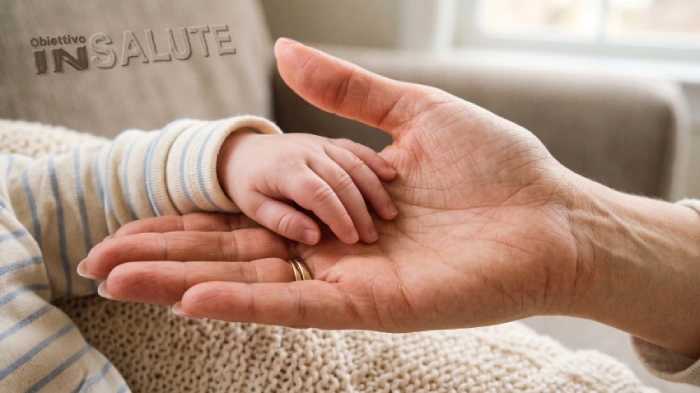 Una mano di bimbo che si appoggia sulla mano della mamma