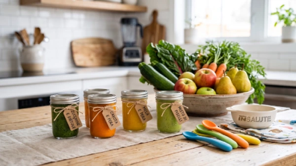 In una cucina moderna, a fianco di un cesto di frutta e verdura ci sono alcuni barattoli di vetro di omogeneizzato fatti in casa con frutta e verdura. Sulla sinistra ci sono dei cucchiaini colorati da bambini e una ciotola con su scritto Obiettivo in Salute. Tutto pronto per svezzare il bambino